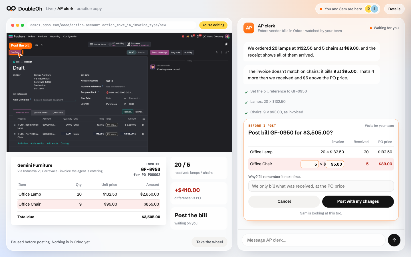 An agent pauses before posting a vendor bill in Odoo; the team fixes the chair line and the agent keeps the lesson.